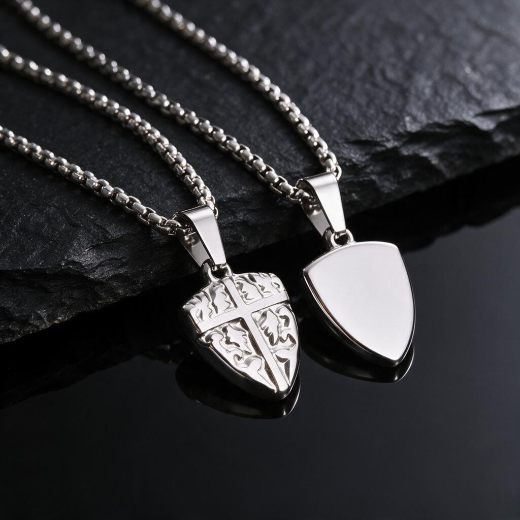 Small Shield Cross Necklace for Men, Stainless Steel Shield Pendant Necklace, Religious Stylish Jewelry