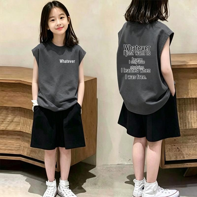 Girls' Sleeveless Cotton Vest & T-Shirt Set - Casual Summer Two-Piece for Medium & Large Girls