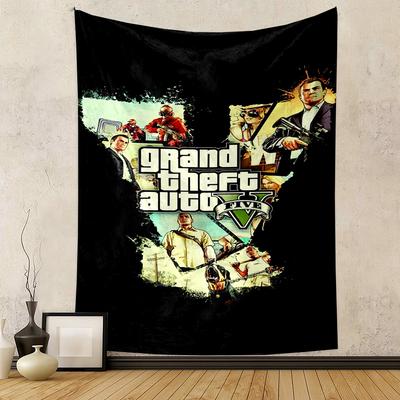 Grand Theft Auto V Game Poster Collage Black Background Patterned Tapestry for Bedroom and Living Room Home Decor Sofas