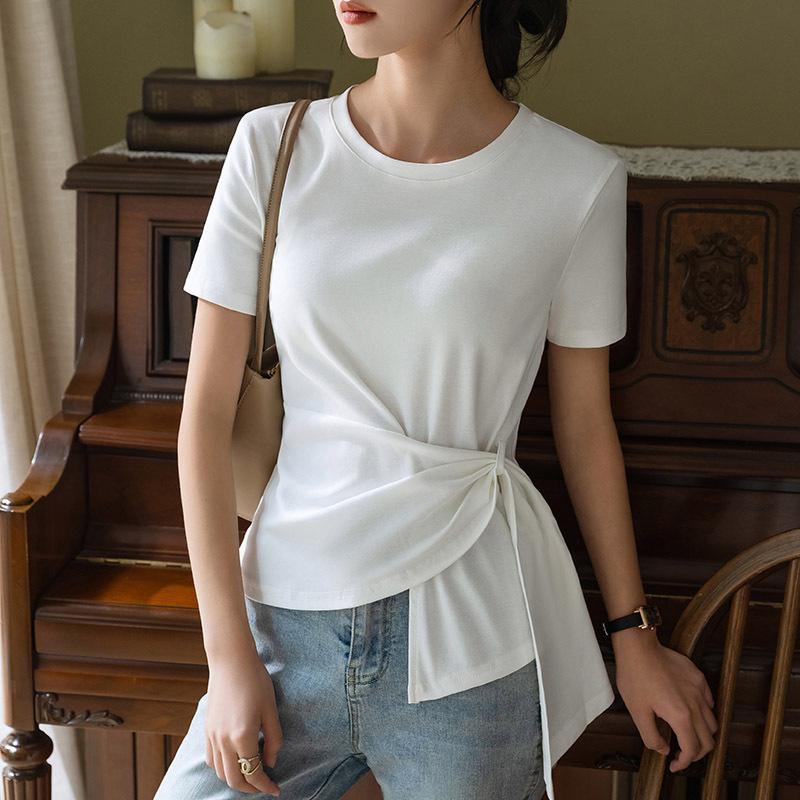 

Футболка с короткими рукавами для женщин, летняя новая женская однотонная хлопковая футболка с круглым вырезом, нерегулярная талия на бретелях 3XL