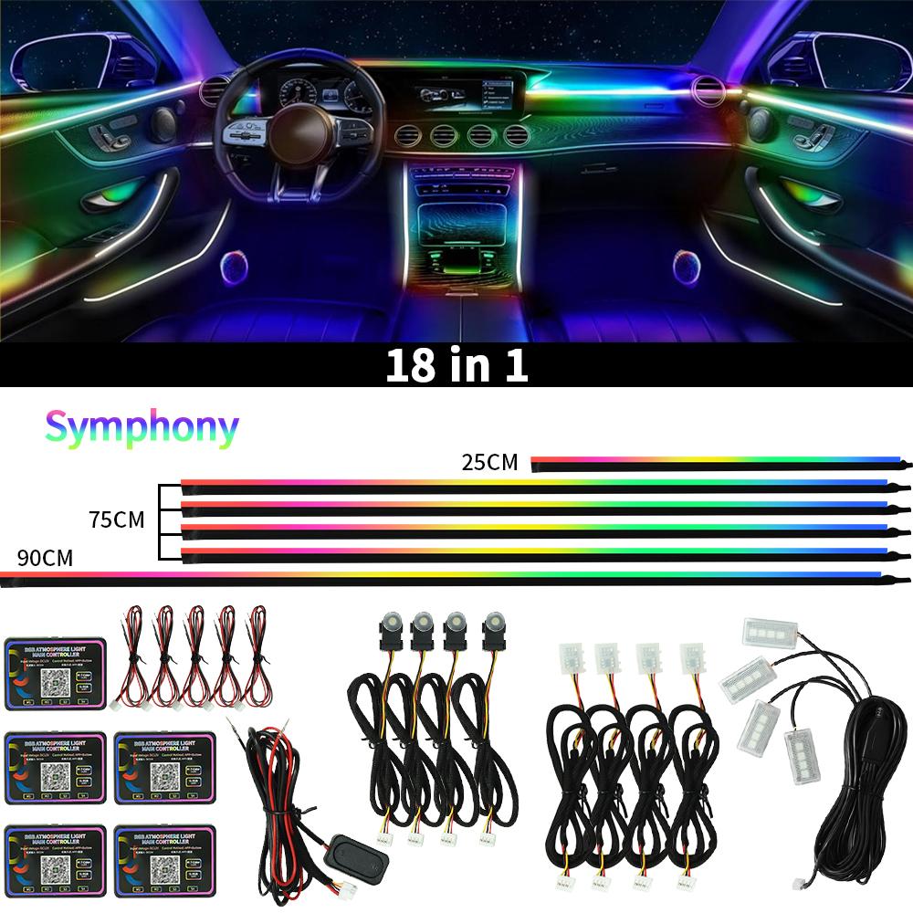 18 in 1 64 Color RGB Symphony Car Ambient Light Interior Acrylic Guide LED Strip Light Decoration Atmosphere Lamp by APP Control