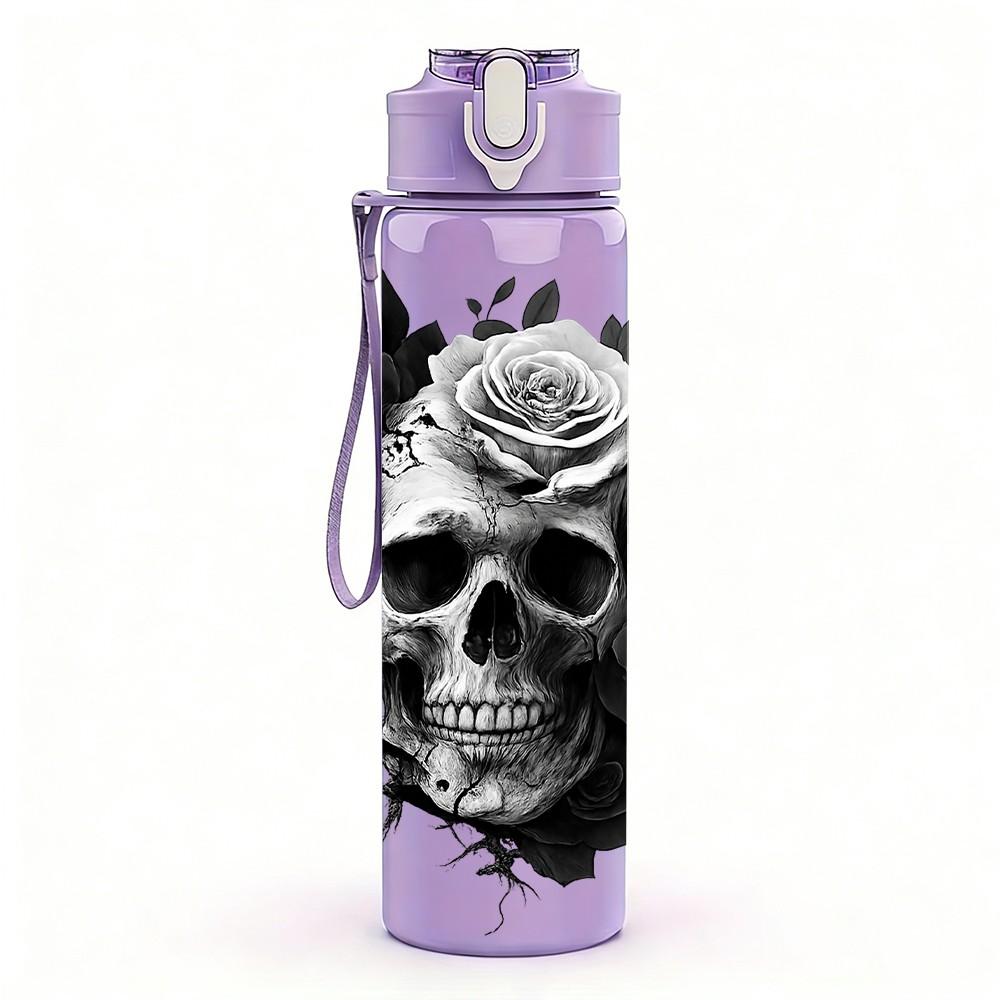 1PC Dark Rose Skull Art 750ml Color Plastic Sports Water Bottle Leakproof Flip Straw Lid Suitable for Sports Office Home Use