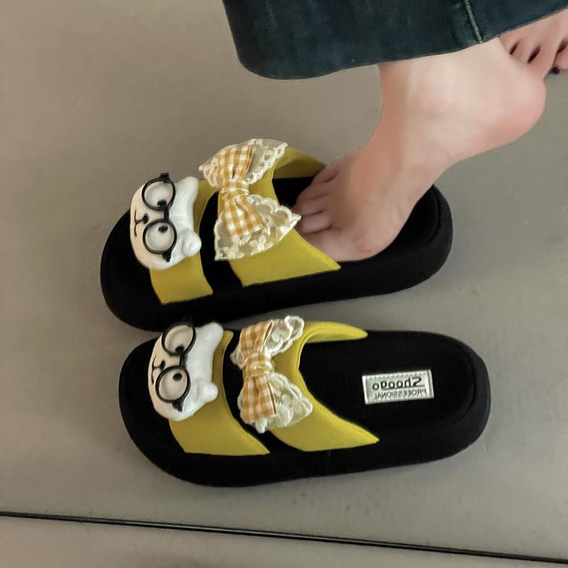 Fashion versatile cute cat cat thick bottom one-word drag female summer bow girl wear flat bottom slippers cool slippers
