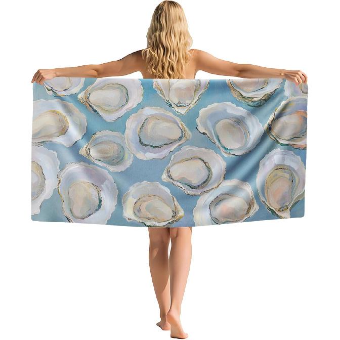 Blue Coastal Oysters Beach Towel, East Coastal Bathroom Decor, Trendy Beachy Sand Beach Towels Gifts for Women, Nautical Oyster Quick Dry Bath Pool