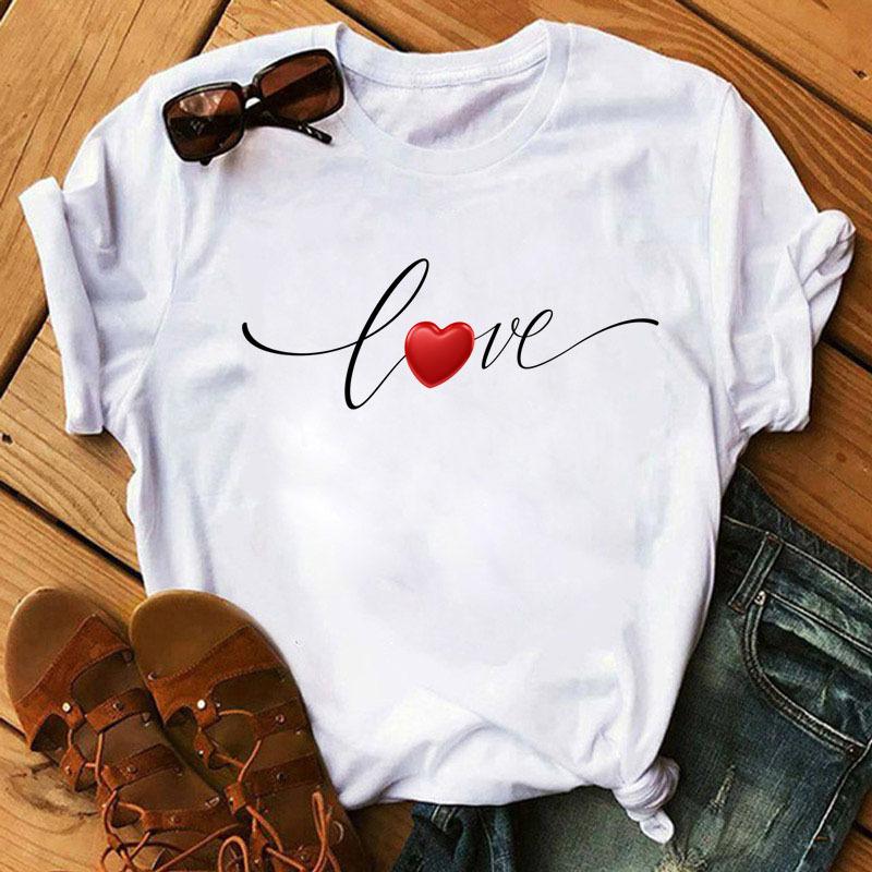 Summer Love Love Printed Fashion Cartoon White Loose Round Neck Pure Cotton Short Sleeved Top T-Shirts Women’s