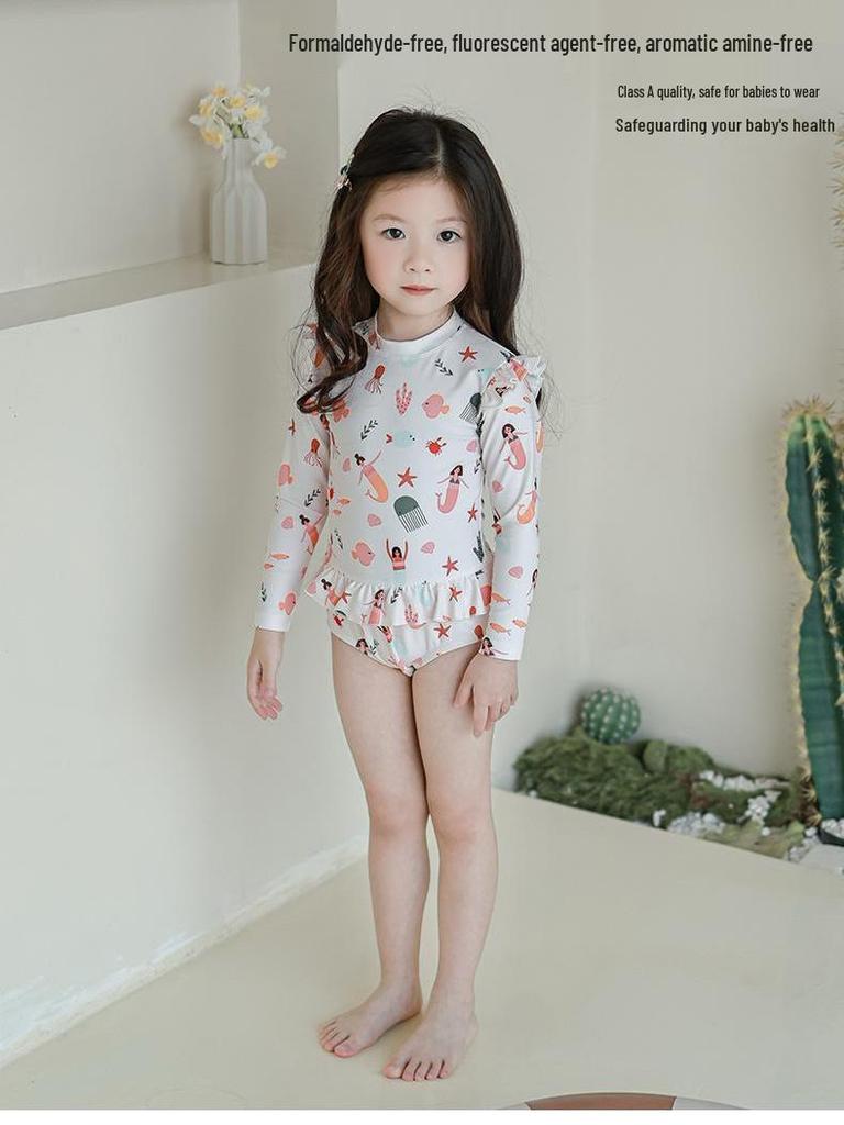 Baby Girl Long Sleeve Anti-Chlorine Quick Dry Swimsuit with Sun Protection and Cute Lace Details