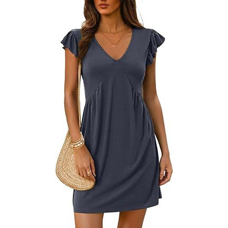 V-neck Flying Sleeve Solid Color Dress V-neck Ruffled Sleeve Pure Color Dress