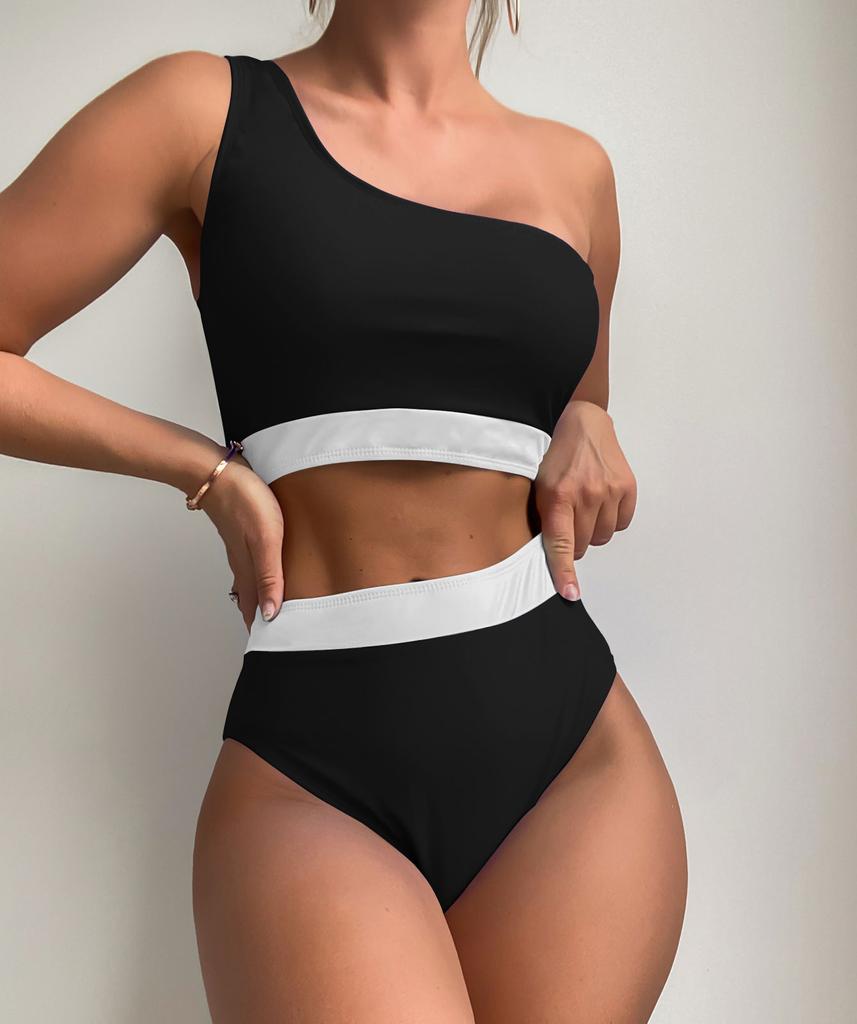 Women's Swimsuit Colorblock One Shoulder High Waist Sexy Bikini Set Brazilian Beachwear Bathing Suits
