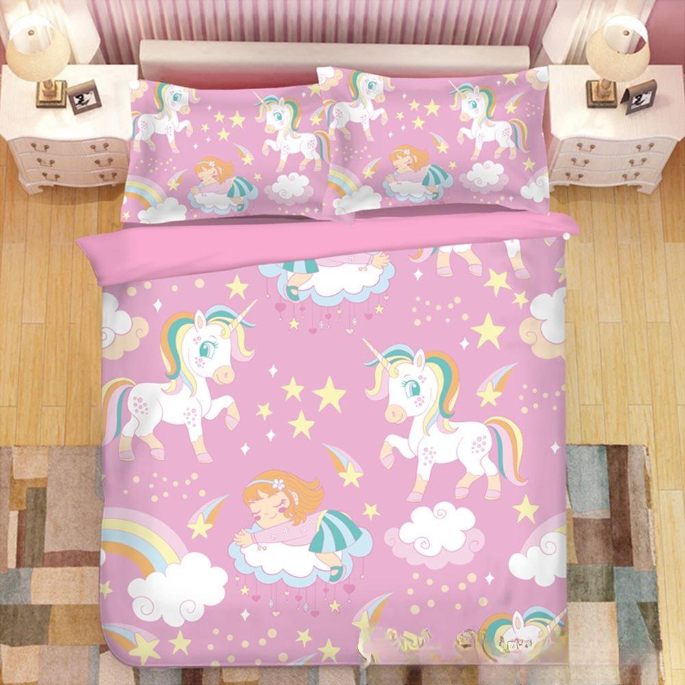 03 Rainbow Unicorn Bedding Set,Cartoon Unicorn Duvet Cover 3D Print,Children Boys Girls Quilt Cover Pillowcase King Queen Size