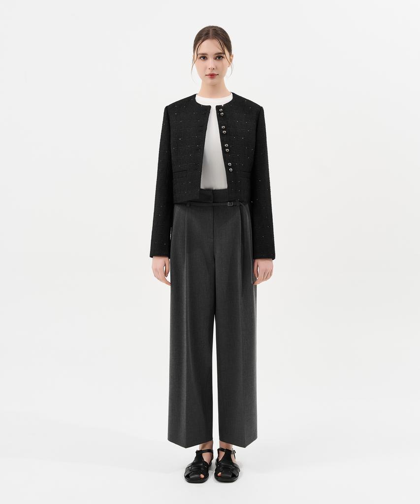 Laneonkyulleoseu Belt Detail Pintuck Wide Pants_Melange Grey