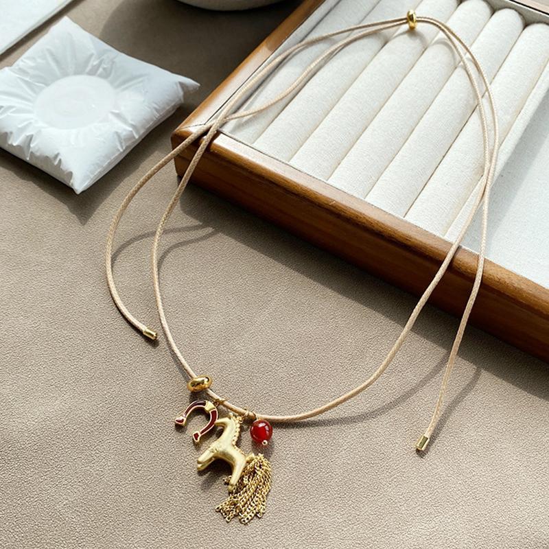 Metallic Cartoon Horse Multi Tassel Beads Pendant Necklaces for Women Adjustable Long Wax Rope Chain Chokers Funny Jewelry