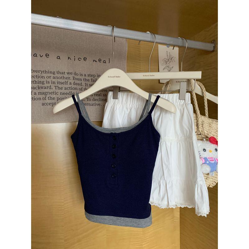 Kumikumi Pure Desire Style Contrast Color Fake Two-Piece Button Cami Women Summer Slim fit Slimming With Chest Pad Top