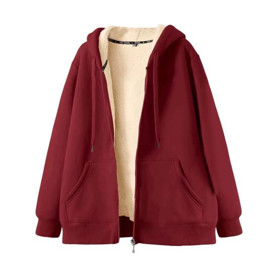 Fleece Thickened Hoodies Women Solid Color Zip Up Warm Lined