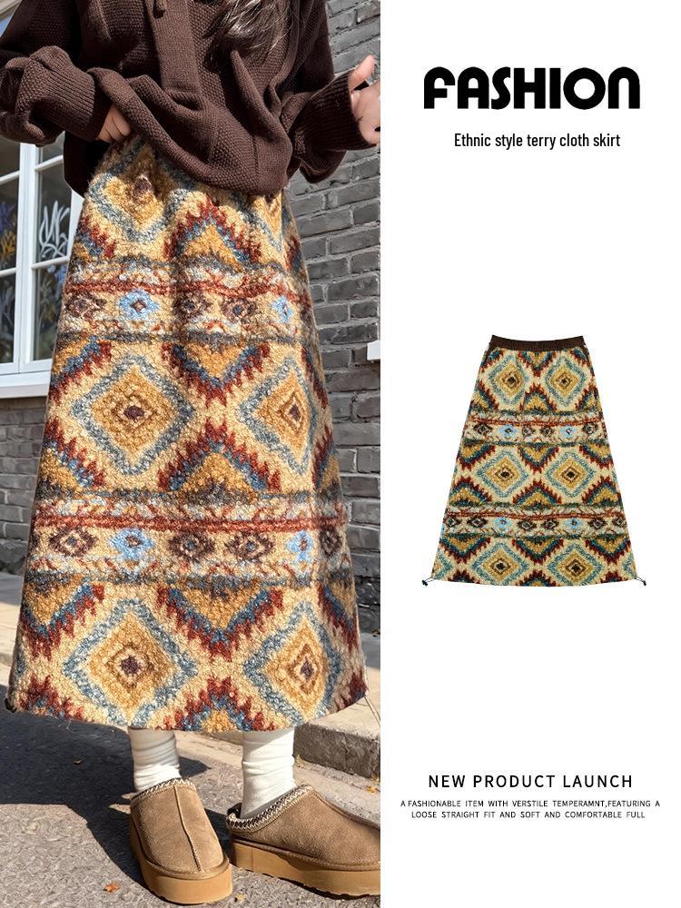 Women's Fair Isle Retro Polar Fleece Mid-Length Umbrella Skirt for Autumn/Winter