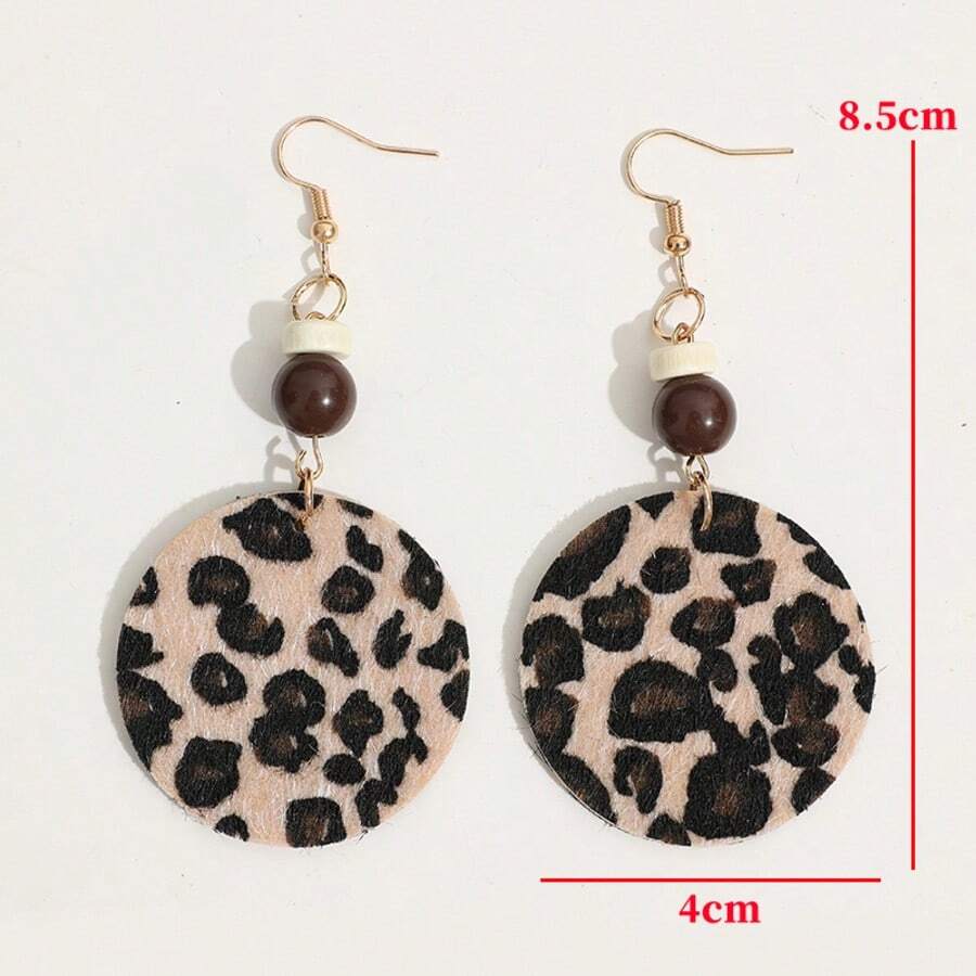 1 Pair Fashionable Sexy Leopard Print Beaded Leather Earrings, Women's Stylish Geometric Round Leopard Print Leather Earrings