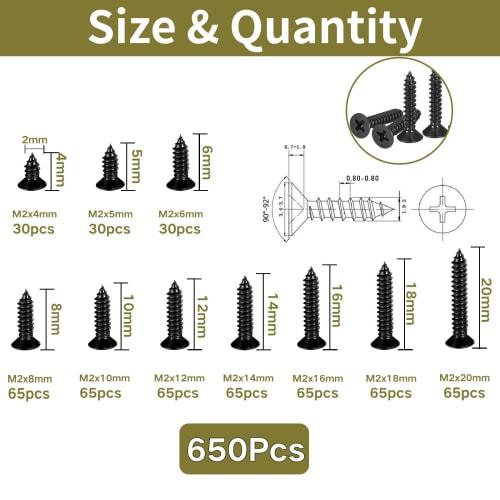 Zmbroll M2 Black Countersunk Head Self-Tapping Screws, 650 Pieces, Phillips Drive, Wood Screws, Metric Sheet Metal Screws, Carbon Steel, Micro Electro