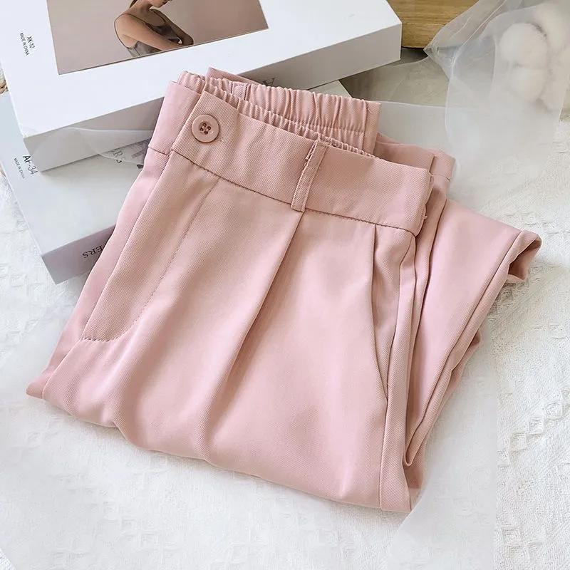 Women's Black Elastic Waist Wide Leg Trousers Casual Loose-fit Suit Pants