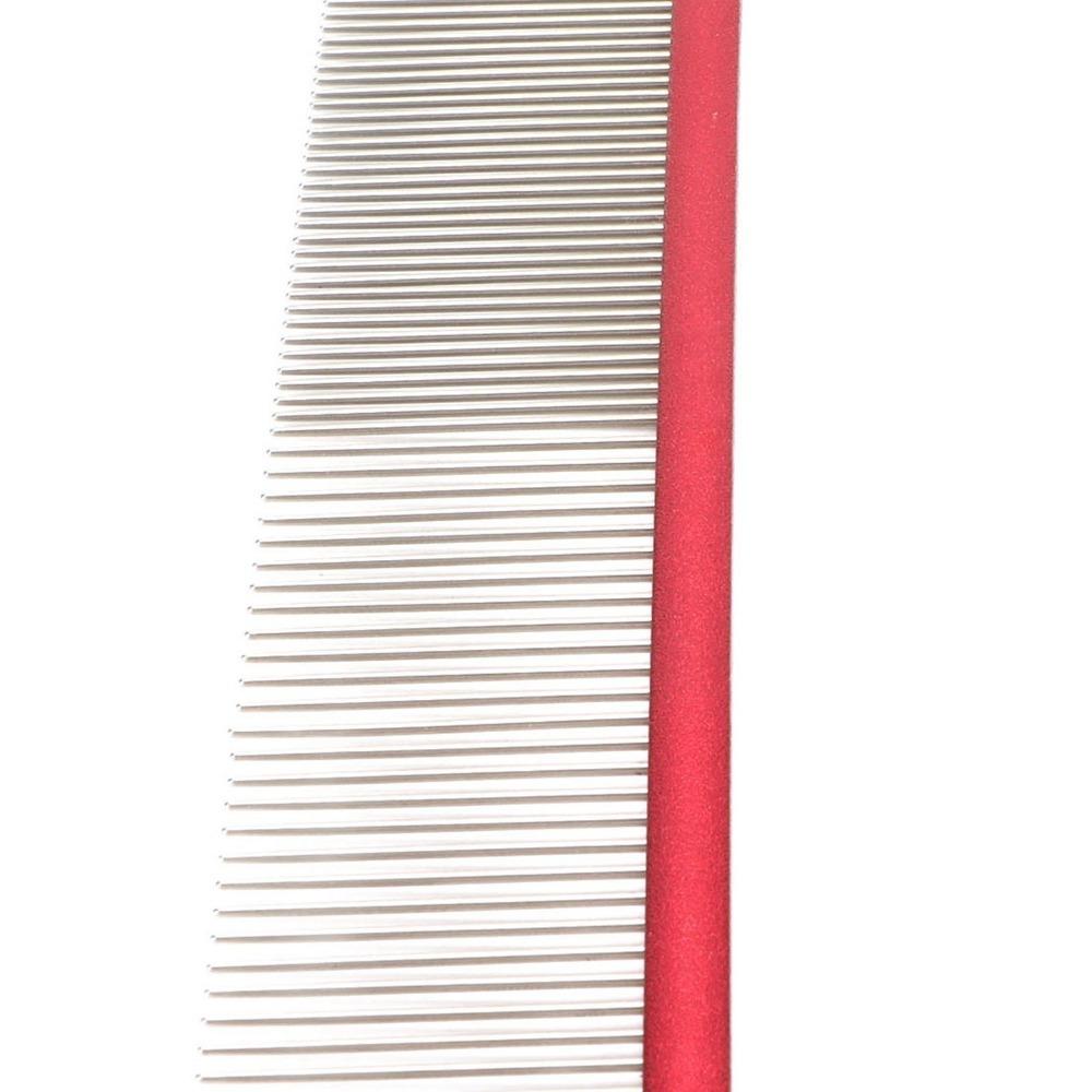 Metal Pet Straight Comb Non Slip Handle Dual Teeth Comb Cat Hair Comb Pet Salon Groom Red 16cm