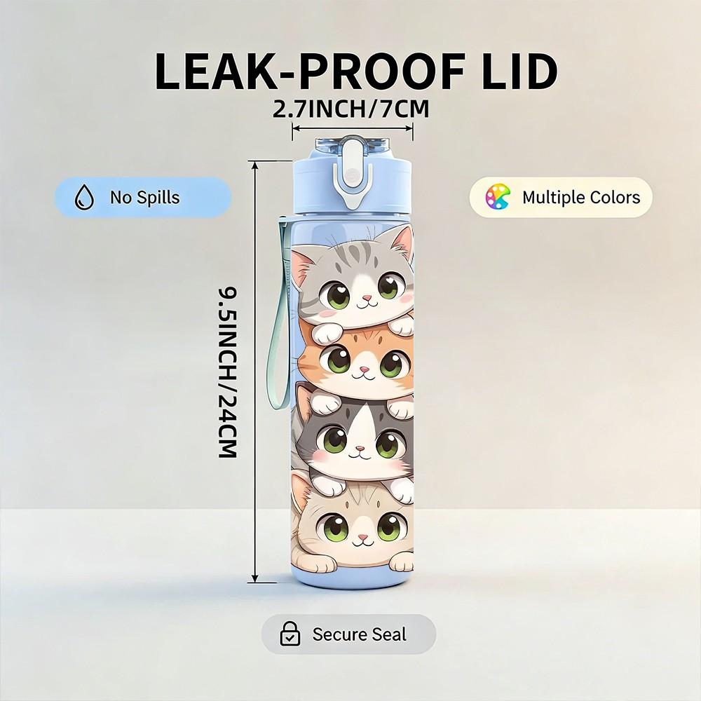 1PC Multi Layer Stacked Cat Cartoon Print 750ml Color Plastic Sports Water Bottle Leakproof Flip Straw Lid Suitable for Sports Office Home Use