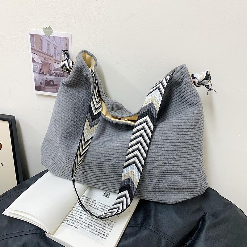Women's Fashion Solid Color Soft Fabric Large Capacity Carrying Bag, Bohemian Style Wide Woven Shoulder Strap Versatile Minimalist Casual Shoulder Bag