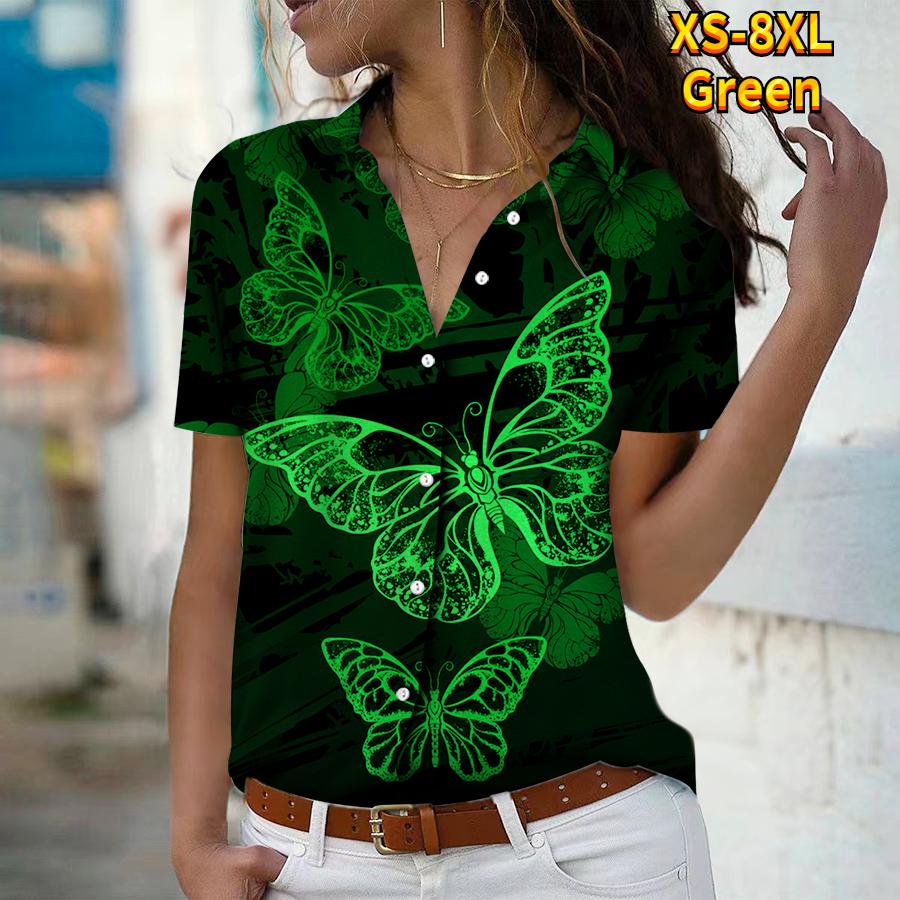 2025 Sommer Neue Mode Damen Schmetterling Bedruckt Kurzarm V-Ausschnitt Lässig Knopfleiste Hemd Top