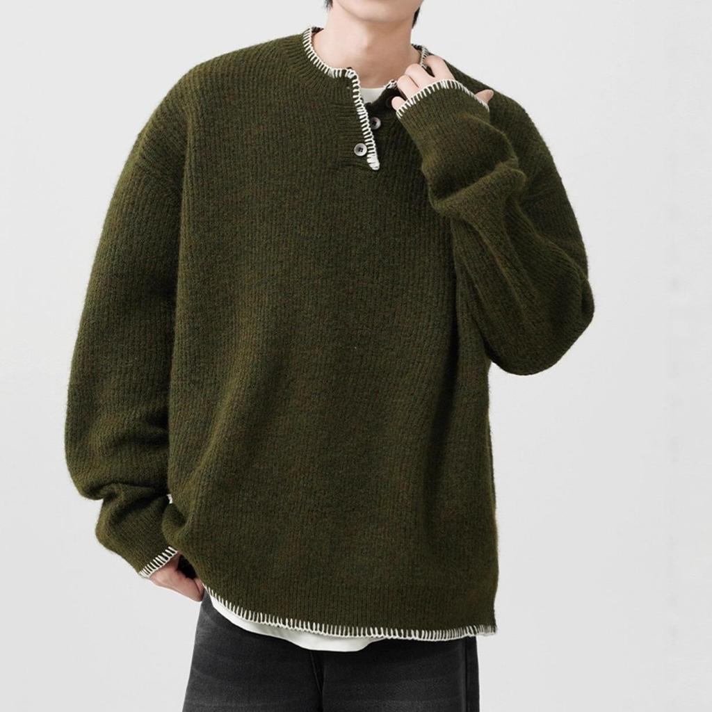 Men's Loose Fit Solid Color Knitwear - Autumn/Winter Warm Lapel Sweater, Casual Gentleman Style, Non-Iron Long Sleeve Base Layer Shirt