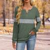 Women's Fashion V-Neck Button-Front T-Shirt With Striped Patchwork Print Long-Sleeved Top
