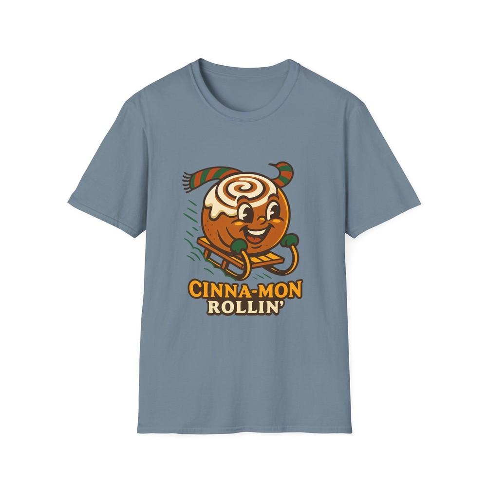 

Unisex Softstyle T-Shirt Cinnamon Roll Sledding Funny Holiday Cozy Christmas L