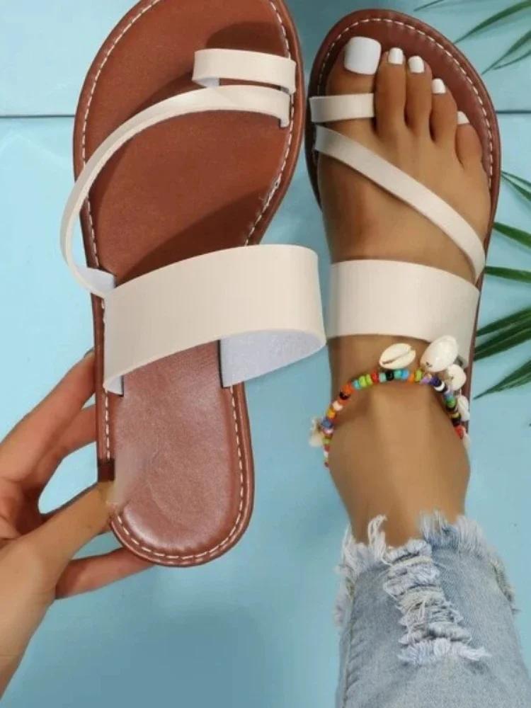 Summer Solid Color Flat Sandals Fashion Open Toe Outdoor Slippers Casual Beach Women's Shoes Plus Size