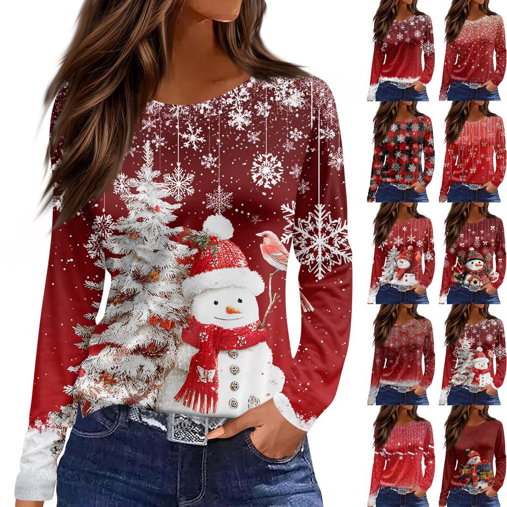 Women's Fashion Casual Slit Hem Round Neck Long Sleeve Loose Printed T-Shirt Ladies Top