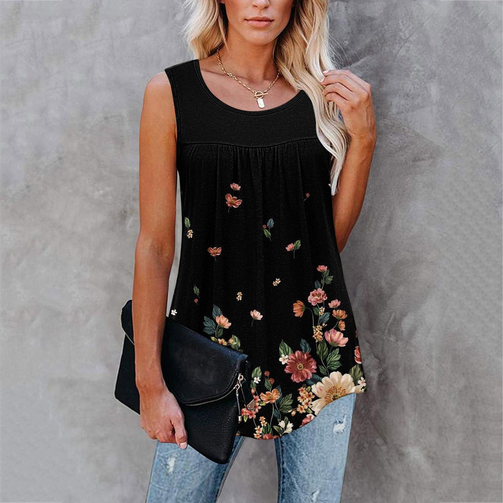 

Жіноча повсякденна плісирована футболка без рукавів великого розміру з квітковим принтом XL чорний