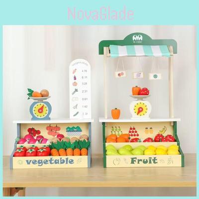 Wooden Pretend Play Fruit And Vegetable Market Set With Shopping Cart For Kids Educational Toy