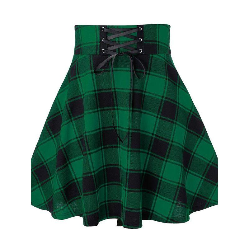Checked Lace Up Slim a-Line Skirt Plaid Lace Up Slim Fit A- Line Skirt