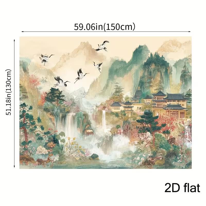 2D Chinese Temple Waterfall Crane Backdrop for Wall Hanging Decor