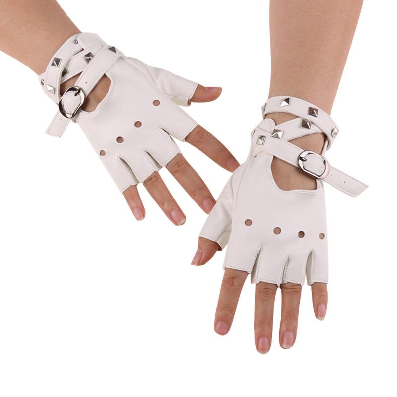 Women's Half-Finger Leather Dance Gloves with Rivet Chain for Performance and Street Dance