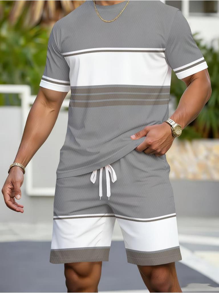 Casual Stripe Printed T-Shirt Shorts Loose Men's Short Sleeve Tee Elastic Waist Shorts Set Sports Clothes