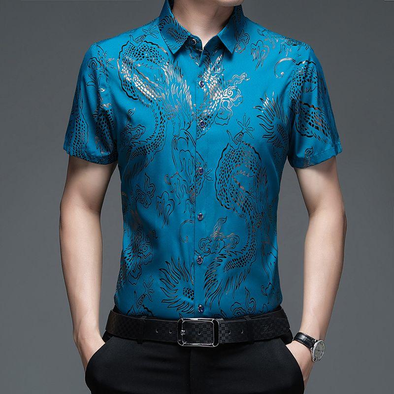 Summer Men's Ice Silk Short-sleeved Shirt Thin Plus Size Breathable Anti-wrinkle Pocket Printed Shirt