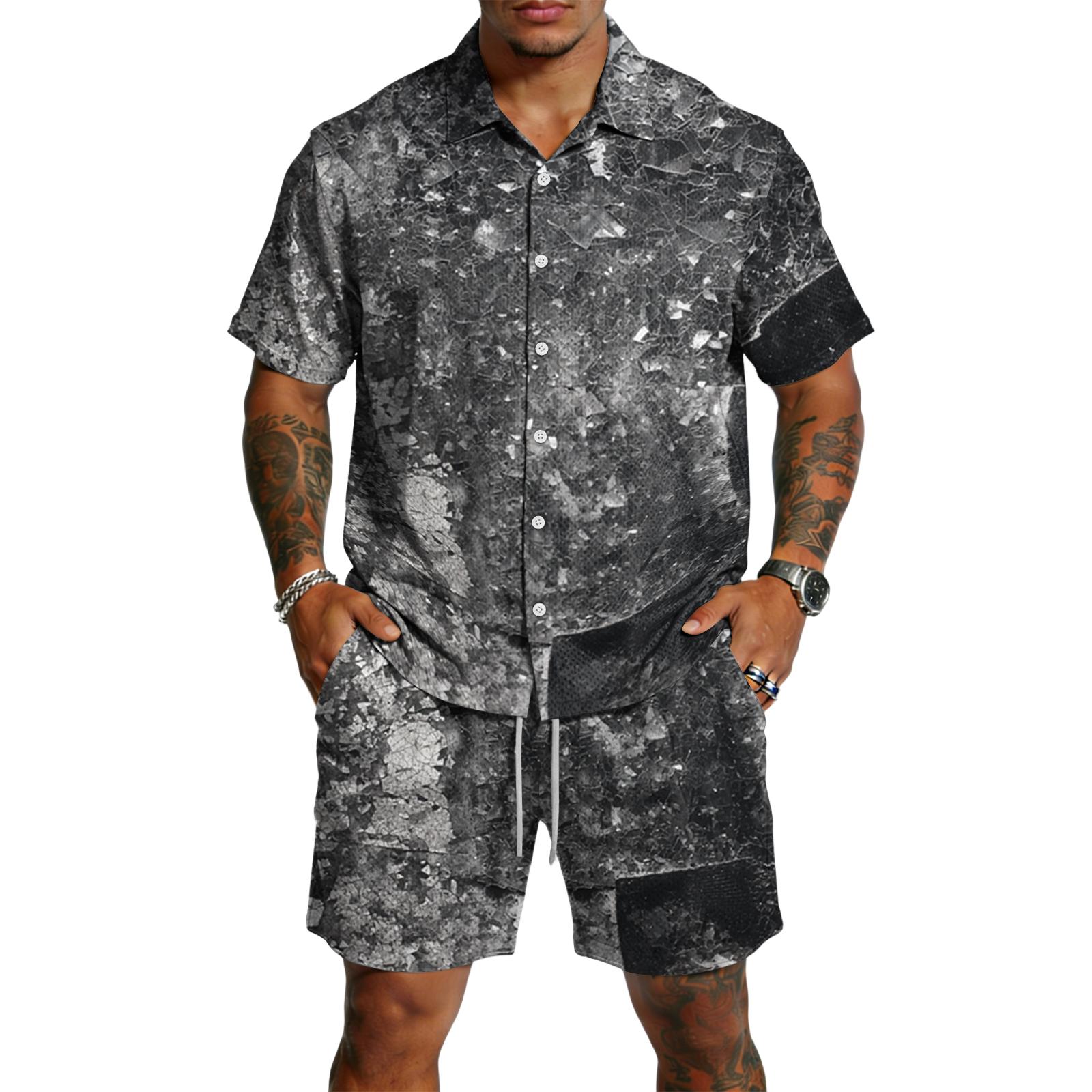 

Men s Casual Lightweight Breathable Short-Sleeve Shirt And Shorts Set L чёрный