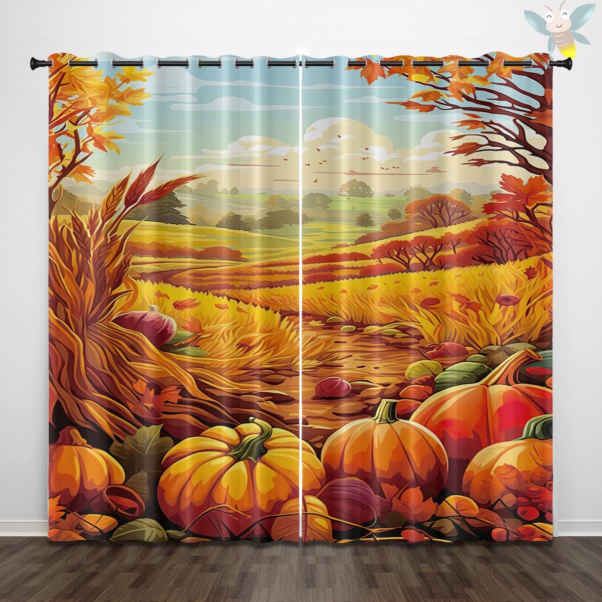 

2 шт. штор с принтом в виде кленовых листьев и тыквы на тему Дня благодарения для декора, спальни и гостиной 140x160cm&Grommet Top