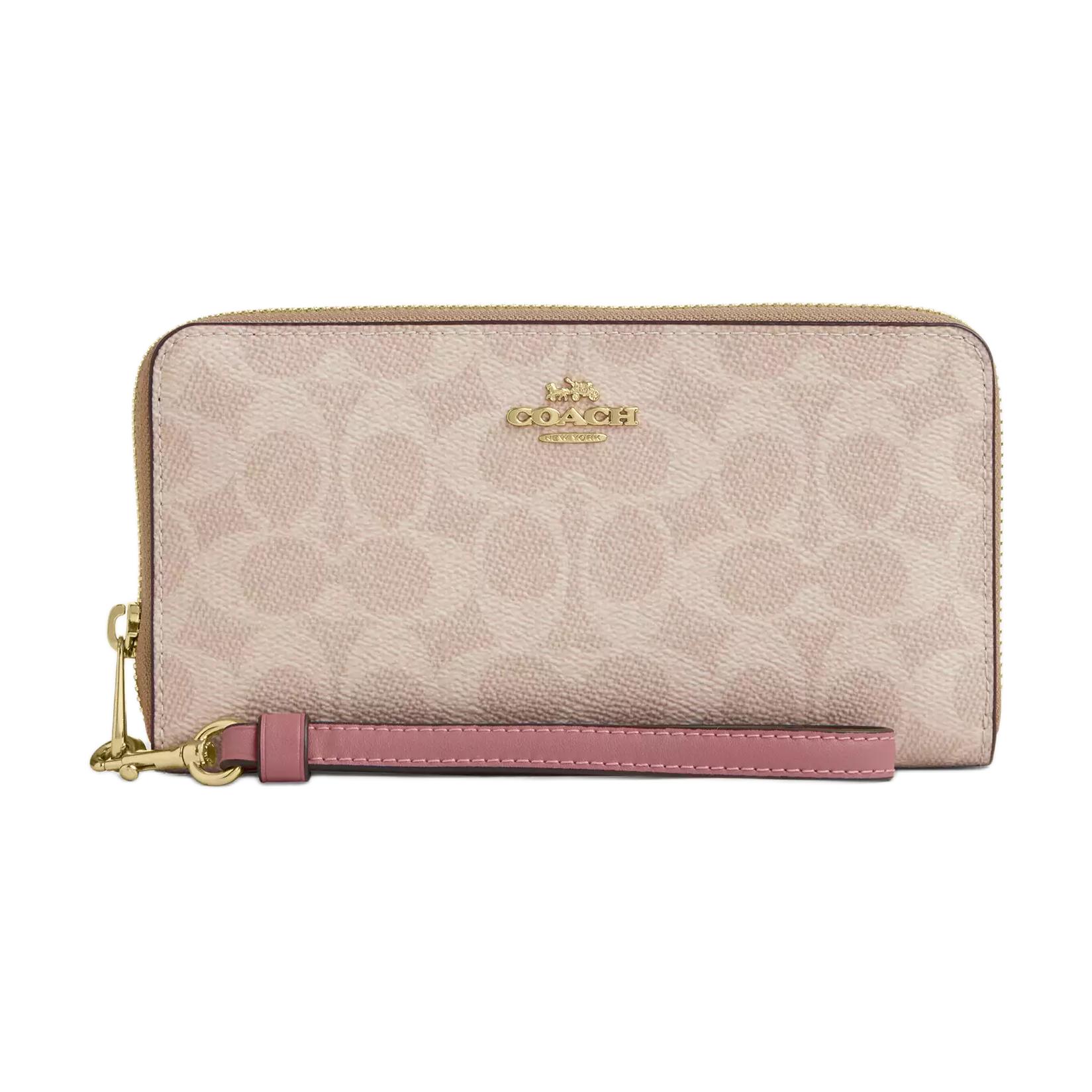 Coach Zip Around Signature 19 Metal Logo Color Block Design Coated Canvas Wallet Women wallet Beige Pink CW778-IMY6J Beige & Pink