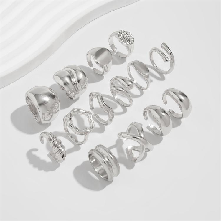 Pack of 12 Pearls Enhanced Artisanal Hollow Rings Set Modern Alloy Fashion Oxidization Resistant Alloy Rings Accessories
