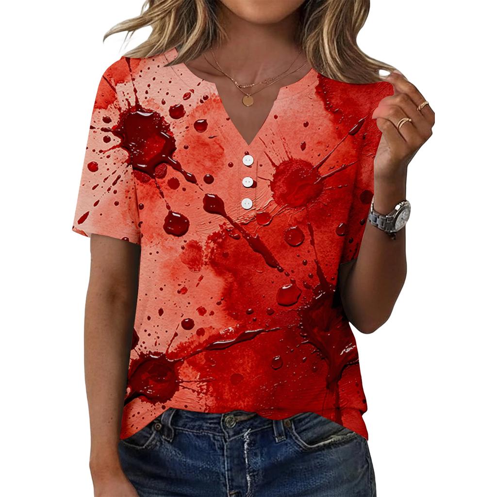 Women's Casual V Neck Short Sleeve Button T Shirt Halloween Print Top Relaxed Fit Lightweight Soft Fabric