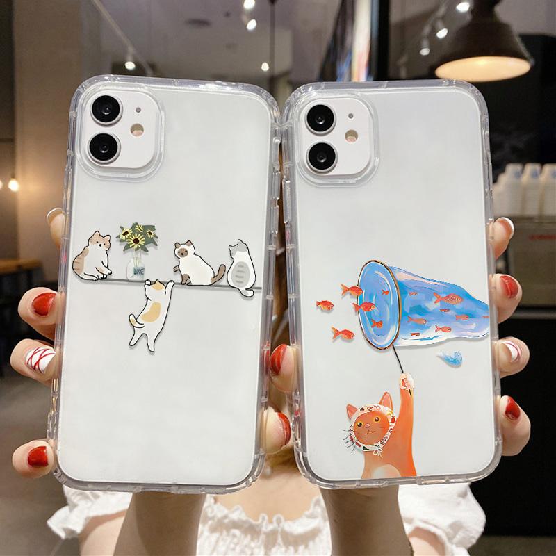 Cute Kawaii Cat Dog Sticker Phone Case for iPhone 17 16 15 14 13 12 11 Pro Max Plus Korean Style Shockproof Clear Soft TPU Cover