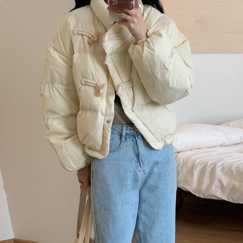 Two horn buckle down jacket women's short 2024 winter fashion stand-up collar sweet warm white duck down bread jacket tide