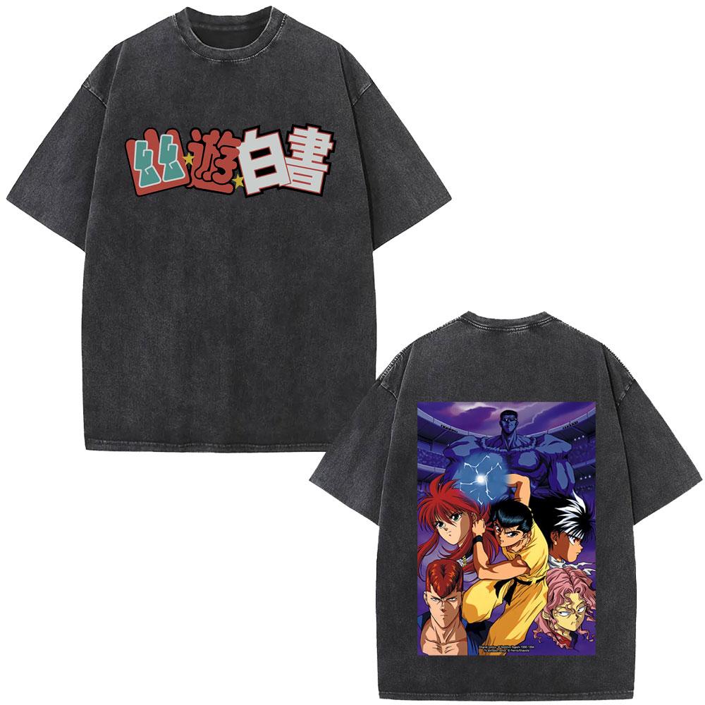 Washed Vintage Anime YuYu Hakusho Kuwabara Kazuma Kurama Hiei Yuusuke Urameshi Print Tshirt Men Women Casual Oversized T Shirts
