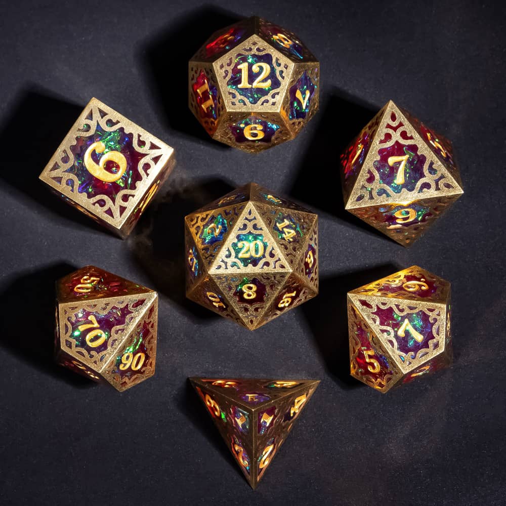 Cusdie Metal Frame+Glitter Candy Paper Dice Set Unique D4-D20 Polyhedral Dice for Pathfinder Tabletop Role Playing Board Games