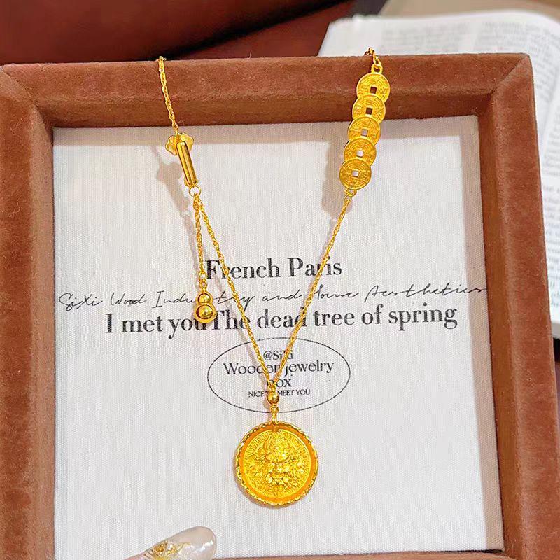Древнее золотое гравированное ожерелье с монетой Бога Богатства - Подвеска для привлечения процветания, подарок для нее