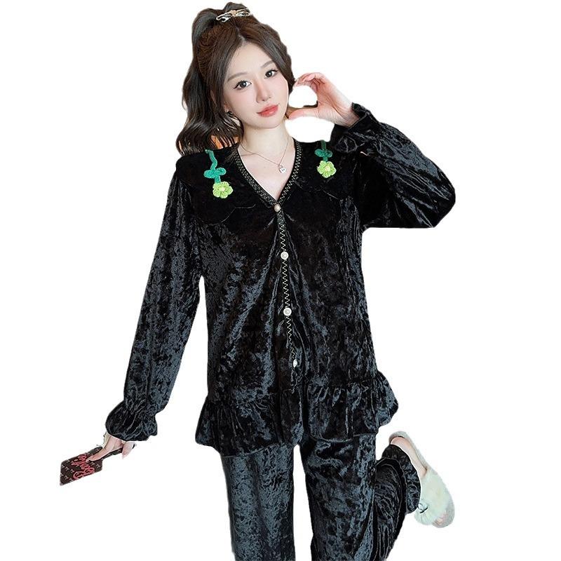 Linglei Autumn And Winter Golden Velvet Court Lace Cardigan Pajamas Women'S Long-Sleeved Trousers Autumn And Winter Loungewear
