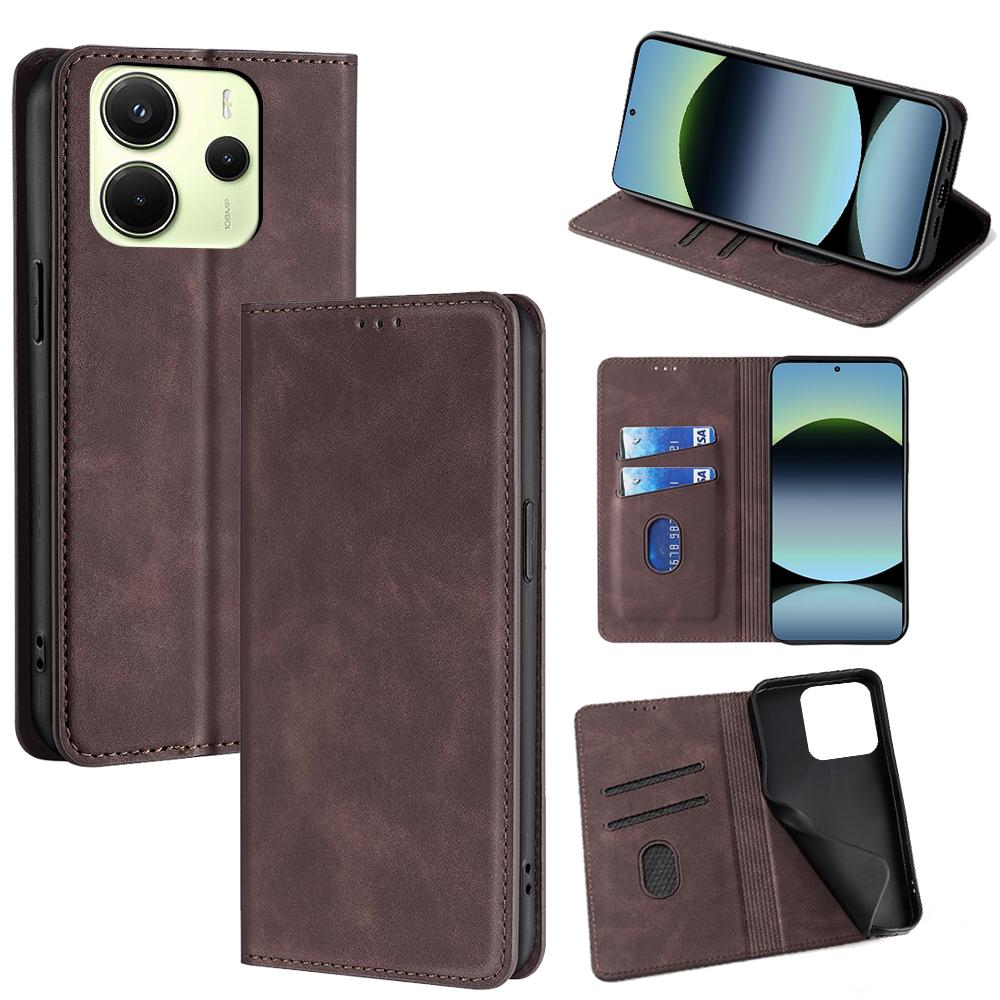 

For Xiaomi Redmi Note 14 4G (163.25mm) Card Holder Case PU Leather Magnetic Closing Phone Cover Dark Brown