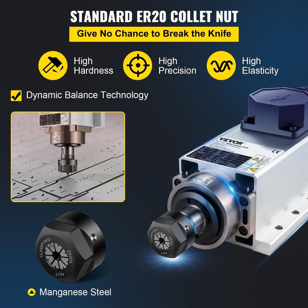 Chłodzony powietrzem silnik wrzeciona 2,2 kW CNC Silnik wrzeciona 220 V Kwadratowy Chłodzony powietrzem Silnik wrzeciona ER20 Oprawka 24000 obr./min CNC Wrzeciono 6A Silnik wrzeciona 400 Hz dla